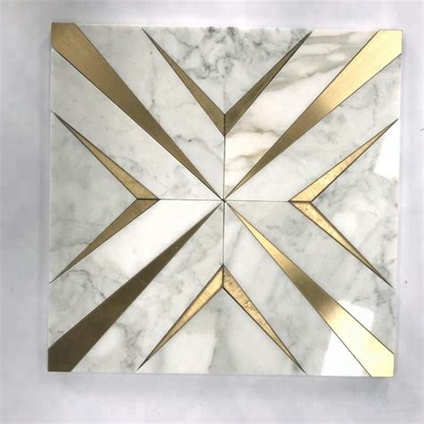 Italy Calacatta Gold Marble Mosaic Tile Brass Metal Tile Inlay Marble