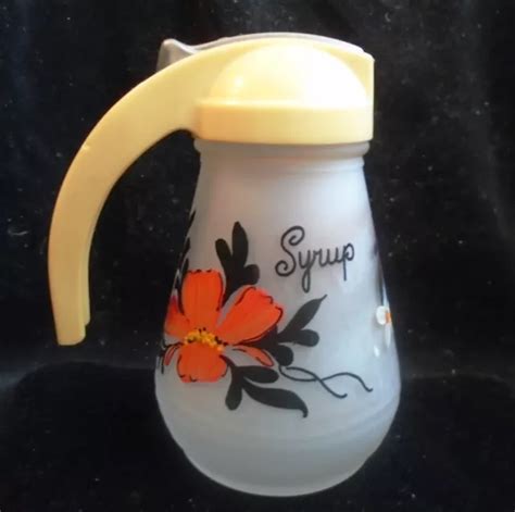 VINTAGE GAY FAD Frosted Glass Red Poppy Syrup Server With Lid 5 1 2