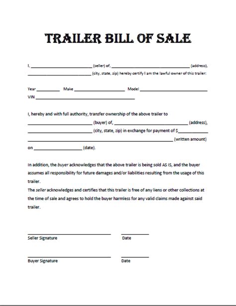 Printable Trailer Bill Of Sale Get Your Hands On Amazing Free Printables