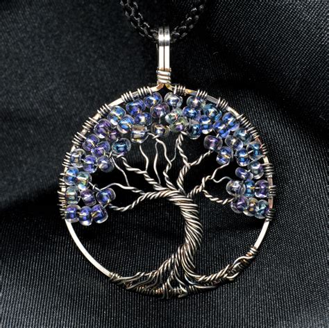 Wire Tree Of Life Necklace Pendant With Iridescent Beads Sterling