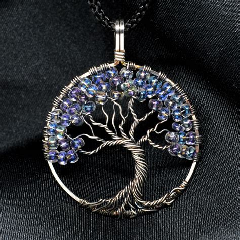 Wire Tree of Life Necklace Pendant with Iridescent Beads - Sterling Silver Pendant - Wire ...