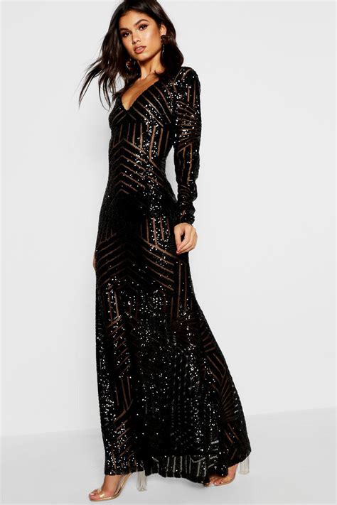 Boutique Mia Sequin And Mesh Plunge Neck Maxi Dress At