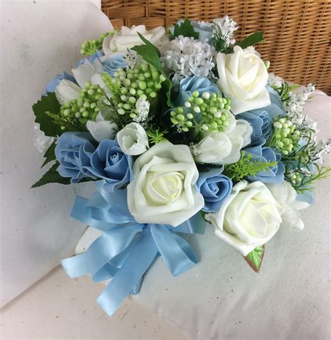 Posy Of Ivory White And Blue Artificial Silk Flowers