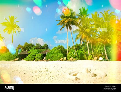 Paradise Island Sand Beach With Palm Trees And Blue Sky Vintage Style Toned Picture With Light