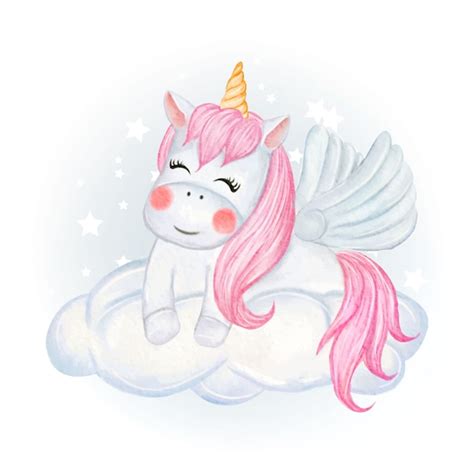 Premium Vector Cute Unicorns Sitting On The Clouds Watercolor