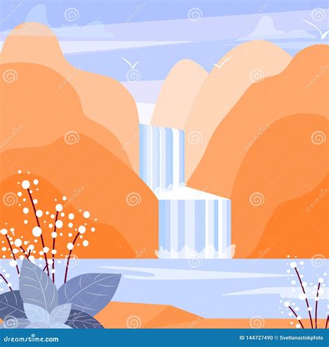 Cute Flat Landscape Illustration With Mountain Waterfall And Lake