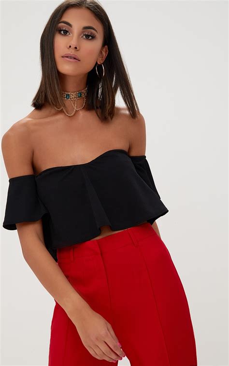 black bardot sweetheart neckline crop top tops prettylittlething