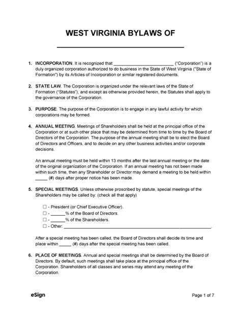 Free West Virginia Corporate Bylaws Template Pdf Word