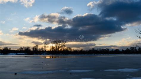 Colorful Winter Sunset On Frozen River Ice Stock Photo Image Of