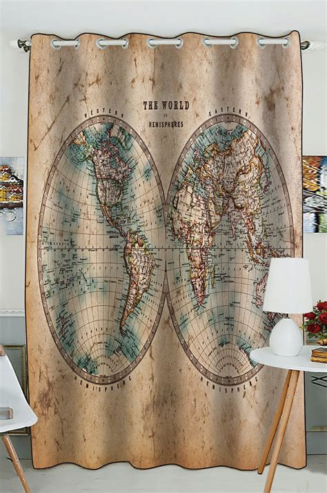 Phfzk Global Map Window Curtain Vintage Retro Style Old World Map