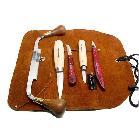 5pc Wood Carving Knife Set And Custom Leather Tool Roll Carrying Case