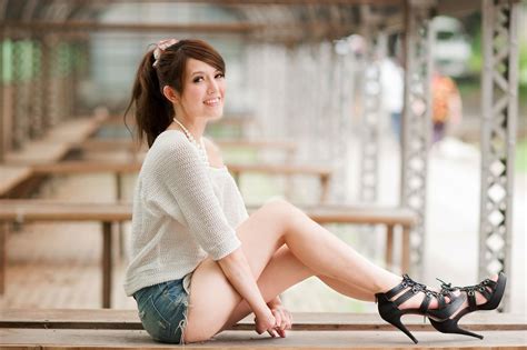 Wallpaper Women Outdoors Model Long Hair Brunette Asian Sitting High Heels Dress