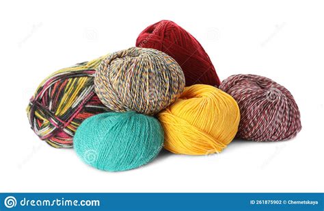 Different Balls Of Woolen Knitting Yarns On White Background Stock