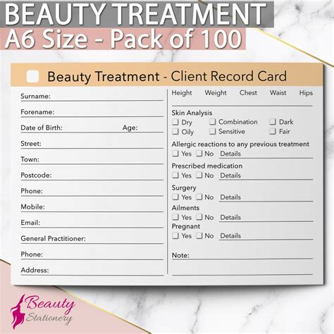 Beauty Client Record Card Consultation Form Treatment Salon Therapists A6 X100 Ebay