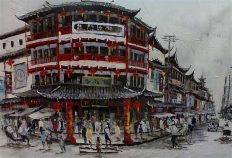 Hand Painted Oil Painting On Canvas China Shanghai Street Cityscape