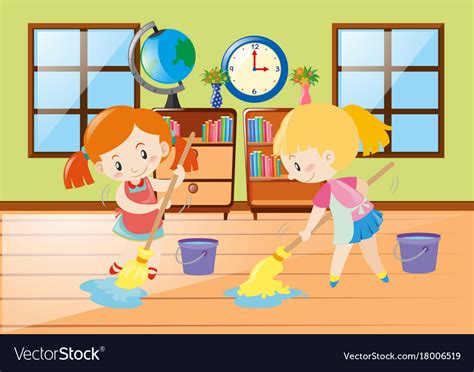 Two Girls Cleaning Room Royalty Free Vector Image