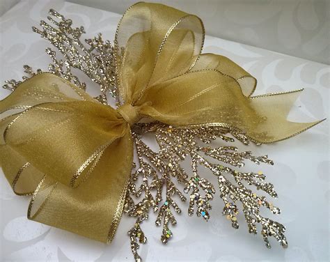 Beautiful Gold Organza Wired Ribbon Gift Bow With A Glitter Pick To