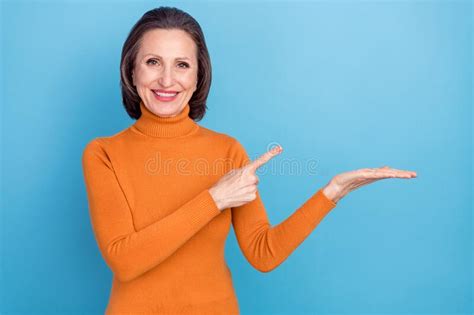 Portrait Of Glad Friendly Attractive Lady Direct Finger Hand Palm Empty