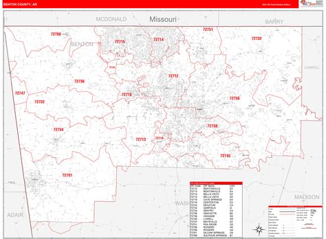Benton County Ar Zip Code Wall Map Red Line Style By