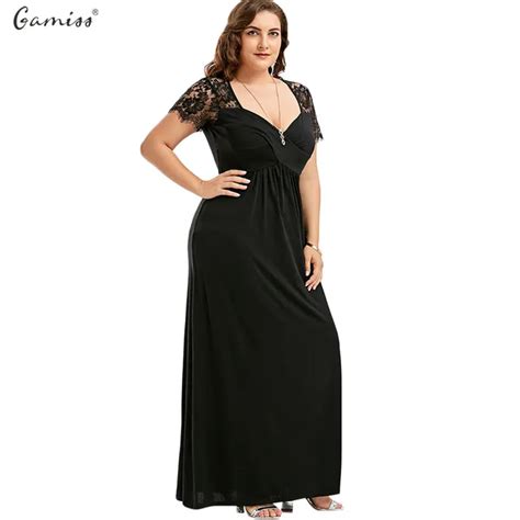 Gamiss Women Long Dress Plus Size Empire Waist Lace Panel Party Maxi Dresses Sexy V Neck Hollow