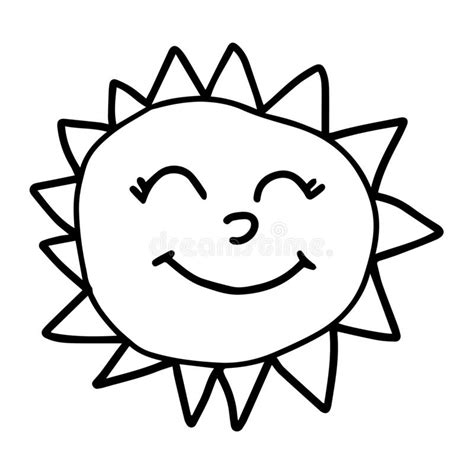 Cartoon Linear Doodle Retro Happy Sun Isolated On White Background
