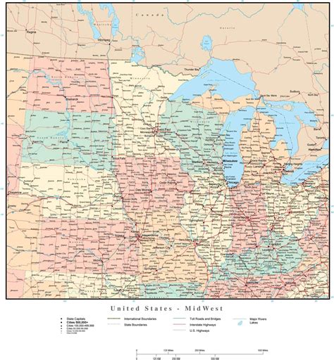 USA Midwest Region Map with States, Highways and Cities - Map Resources
