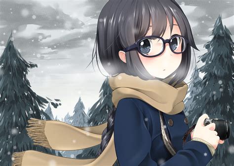 Wallpaper Anime Girls Glasses Winter Black Hair Original