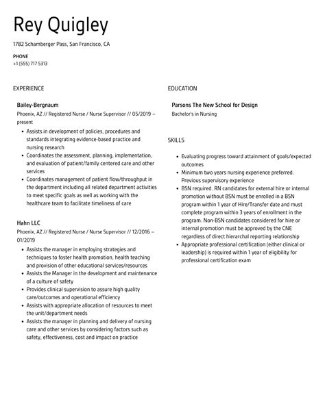 Registered Nurse / Nurse Supervisor Resume Samples | Velvet Jobs