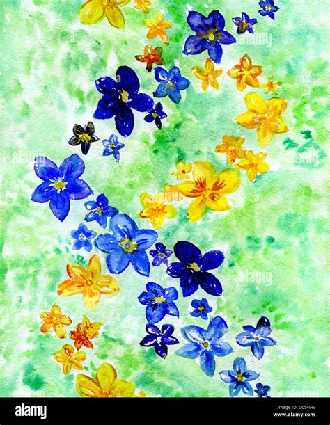 Watercolor Dark Blue And Yellow Flowers On A Green Background Stock
