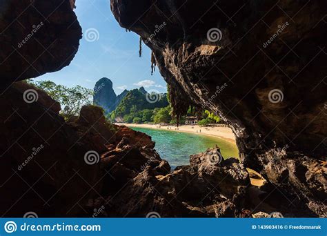 Famous Phranang Cave At Raylay Railay Beach Krabi Thailand Stock Photo