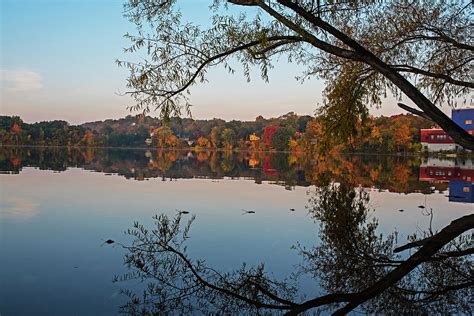 autumn morning on spy pond in arlington massachusetts fall foliage tree