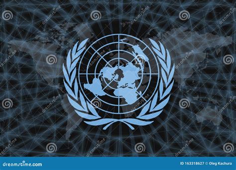 United Nations Logo On A Black Background With World Map And Network