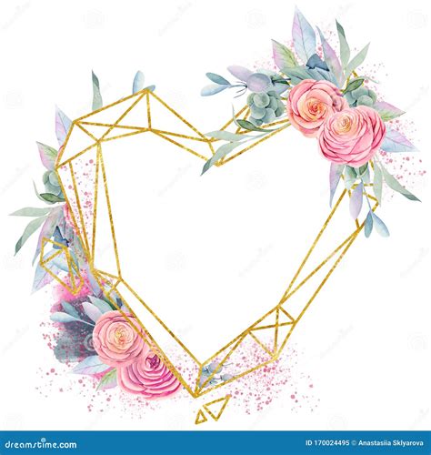 Geometric Golden Heart Shaped Frame Of Watercolor Pink Beautiful Roses