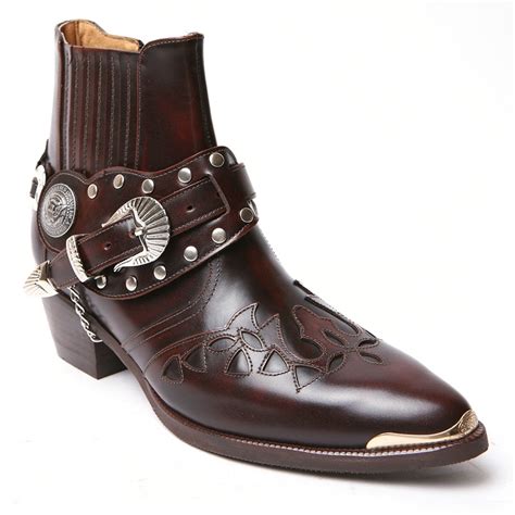 ﻿mens Brown Real Leather Contrast Patch Studded Side Zip Western Ankle