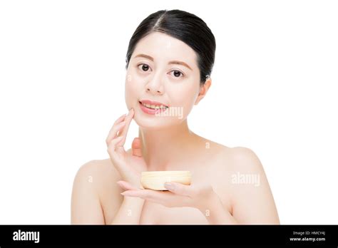 Beauty Asian Woman Applying Facial Lotion Product On Face Isolated On White Background Beauty