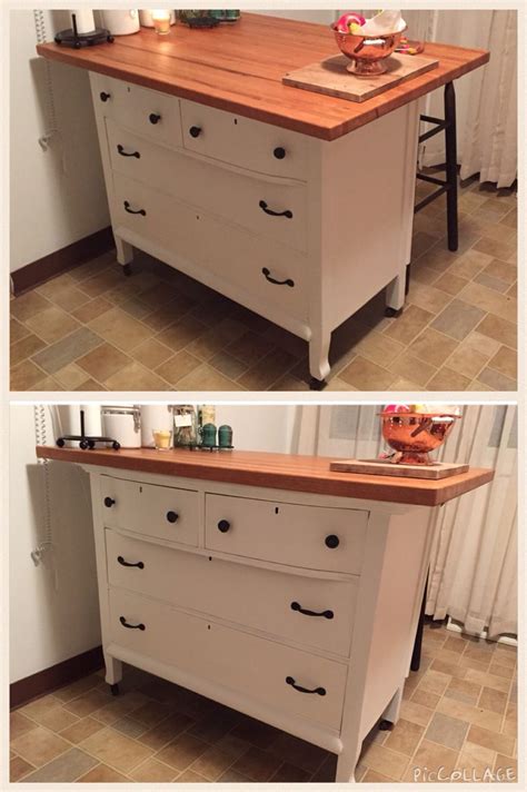 Kitchen Island Made From Old Dresser With Home Made Butcher Block Top