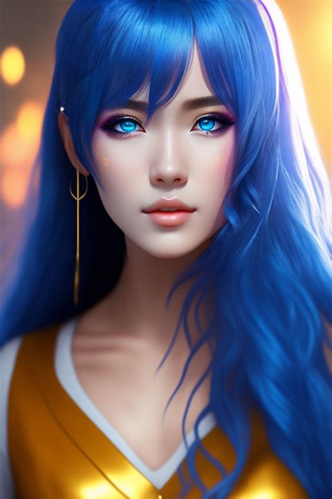 Lexica Portrait Of An Anime Character Hyper Realistic Blue Hair Gold Eyes
