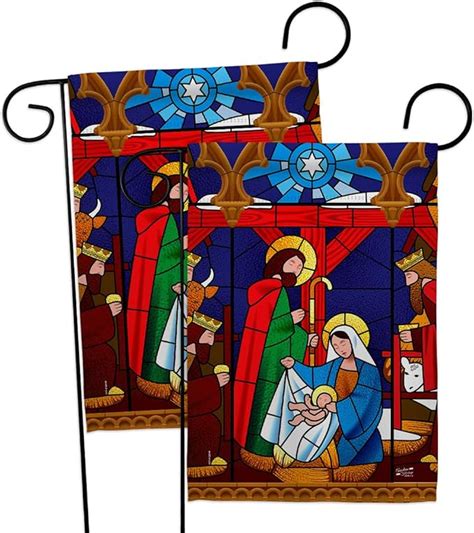 Angeleno Heritage Stained Glass Nativity Garden Flag 2pcs Pack Winter