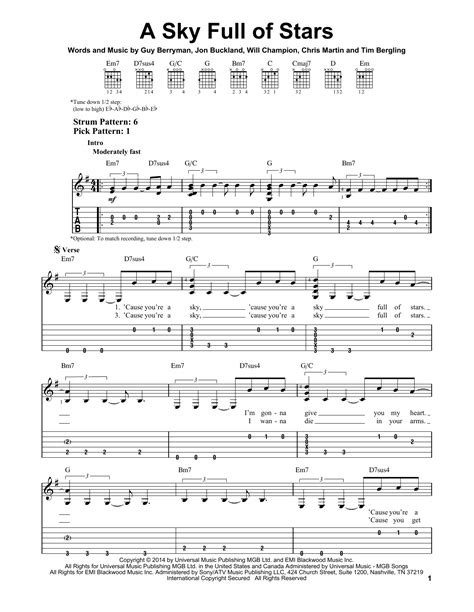 A Sky Full Of Stars Sheet Music By Coldplay Easy Guitar Tab 157934