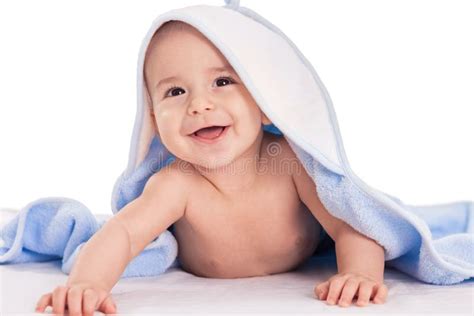 Smiling Baby Lying On Bed Under Towel Stock Photo Image Of Bathing Babe