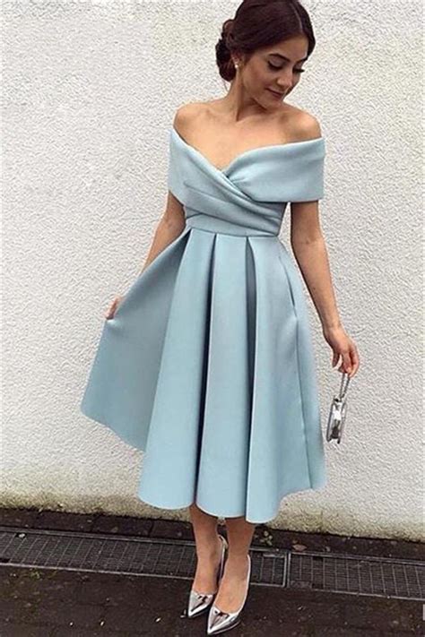 Elegant Satin Off The Shoulder Tea Length Bridesmaid Dresses 2017 Light Blue Wedding Party