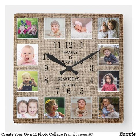 Create Your Own 12 Photo Collage Frame Burlap Square Wall Clock