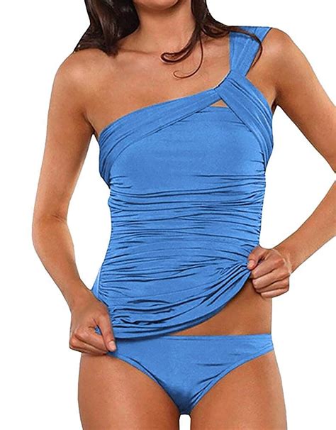 Dellytop Womens One Shoulder Swimsuit Two Piece Ruched Tankini Tummy Fierygoods In 2020