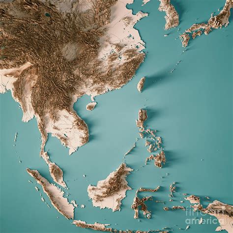 East Asia 3d Render Topographic Map Neutral Digital Art By Frank