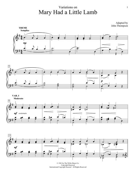 Variations On Mary Had A Little Lamb by John Thompson Sheet Music for