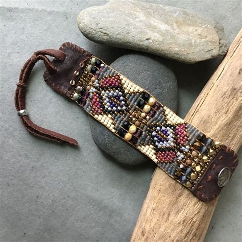 Boho Handmade Beaded Loom Bracelet Cuff With Leather By