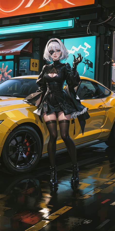 1080x2160 Nier Automata In Her Mercedes In The Neon Cityscape One Plus