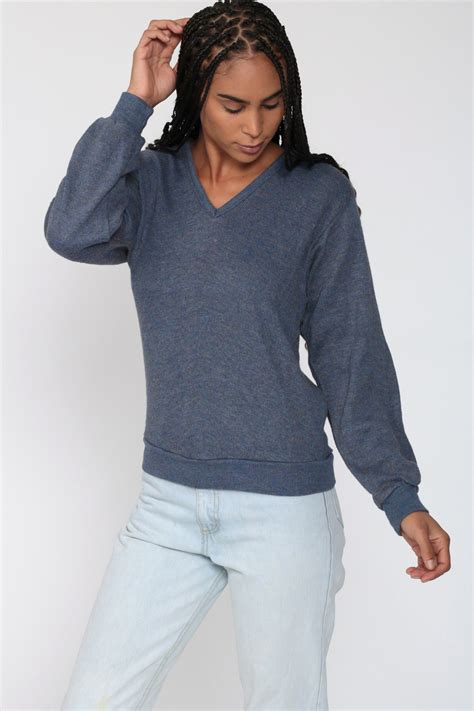 Blue Sweater 80s V Neck Knit Sweater Slouchy Preppy Hipster Pullover