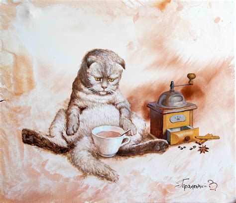 Morning Coffee Cat Print On Canvas Animal Painting For Pets Etsy
