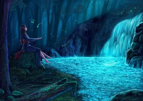Fantasy Girl Waterfall Trees Forest Wallpaper 1920x1358 37028